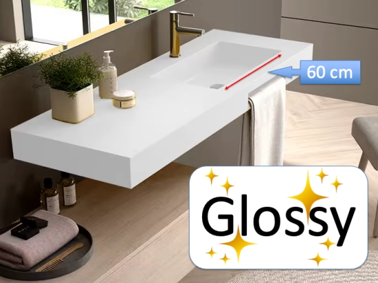 Washbasin top, custom-made, Width 80 to 200 cm x Depth 46 to 80 cm, high quality composite resin, GLOSSY white smooth finish, Free Delivery.